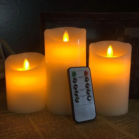 Velas eléctricas, 16 cm, 24 cm, 70 cm, sin llama, juego de 3, con mecha móvil y llamas danzantes, con mando a distancia y temporizador. (1/5)