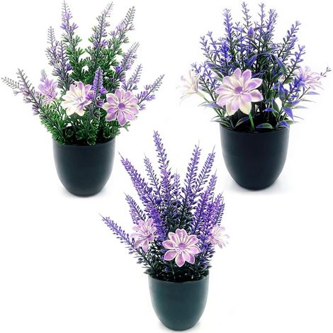 HORREX 3 Pieces Plantes Artificielles Interieur, Lavande en Pot, Bouquet Fausse Fleur, Fleurs Décoratives Exterieur, Bonsaï Artificiel en Pot pour Maison, Chambre, Ferme, Bureau, Salle de Bain (1/5)