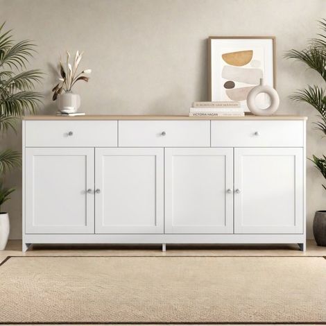 Buffet - 4 Türen und 3 Schubladen - Weiß und Holz - 160x37x75 cm - Rustikaler moderner Stil