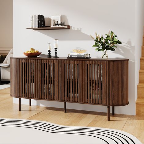 Aparador MDF 160 x 40 x 70 cm con 4 puertas correderas perforadas y patas metálicas nogal (1/5)