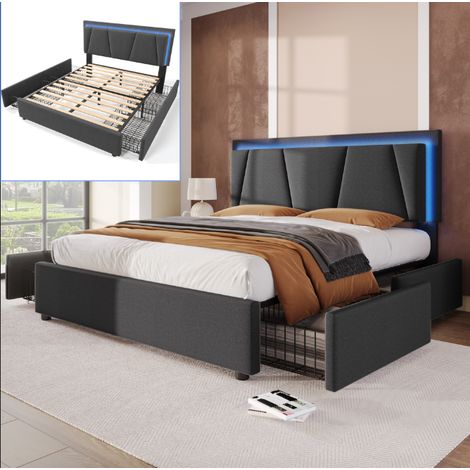 Lit double rembourré 160x200, Lit 2 places LED, Tête de lit réglable, 4 tiroirs, Design moderne, Lin Gris (1/5)
