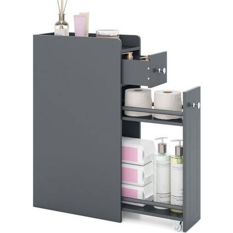 Meuble de rangement de salle de bain étroit gris 4 niveaux avec tiroirs coulissants sur roulettes pour toilettes et petits espaces (1/5)