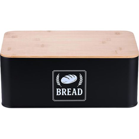 Relaxdays Brotkasten, Bambusdeckel, Metall, HxBxT: 13,5 x 33 x 19 cm, Retro Brotaufbewahrungsbox, Brotbehälter, schwarz (1/5)