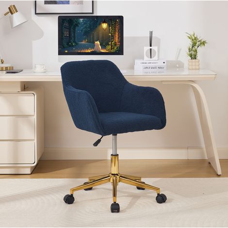 Chaise de bureau pivotante en tissu Teddy, réglable en hauteur, 360°, bleu foncé, pied doré (1/5)