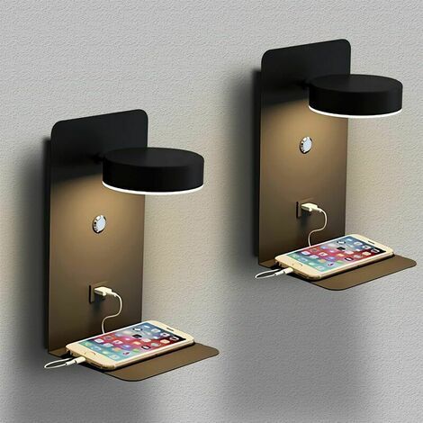 Dos apliques LED de pared, versión para interiores con interfaz USB, 12 W, aplique moderno regulable en tres colores, con interruptor, luz de lectura giratoria de 330°. (1/5)