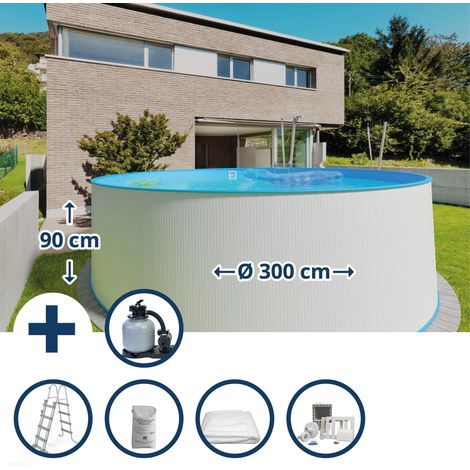 Stahlwandpool Set (6-teilig) hoch rund 300 x 90 cm, Stahl 0,3 mm weiß Folie 0,2 mm blau (1/5)