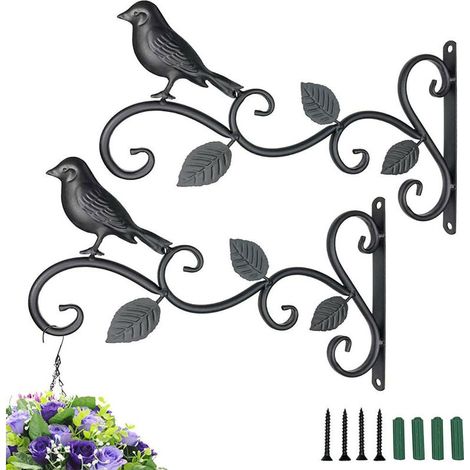 Cesto da fiori da parete in stile europeo, realizzato in ferro battuto (2 pezzi, con motivo a trifoglio e uccellino, diametro 0,8 cm, nero), per decorare interni e giardini. (1/5)