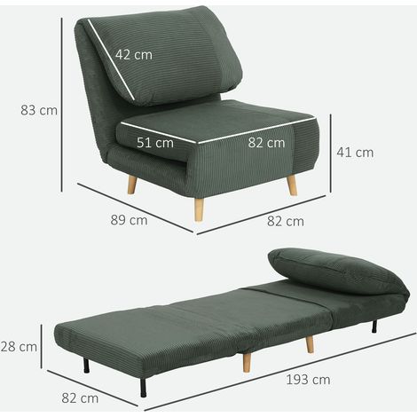 Canapé convertible 2 en 1, fauteuil clic-clac avec matelas ajustable, banquette d'appoint en velours côtelé, pour chambre ou séjour, teinte verte, dimensions 82 x 89 x 83 cm (1/5)