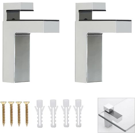 Deux supports réglables pour tablettes en verre, 3 à 28 mm, en alliage de zinc, argentés. (1/5)