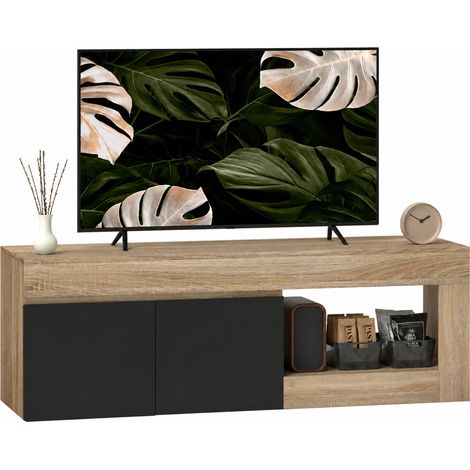 Meuble Tv Moderne Bois Noir 140 x 40 x 48 cm 2 Portes (1/5)