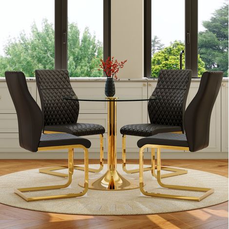 Ensemble table à manger en verre trempé et métal doré, noir et doré, 4 places, style moderne (1/5)