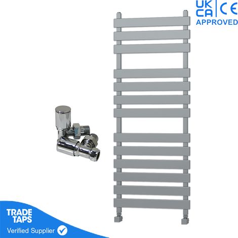 Marvella Chrome Flat Panel Towel Rail - 1300 x 500mm - Angled Manual Round Valve Pair (1/3)