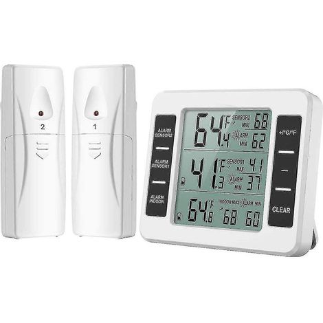 Thermomètre pour réfrigérateur, thermomètre numérique sans fil pour congélateur, thermomètre sans fil intérieur/extérieur, alarme sonore, affichage des températures minimales et maximales (1/5)