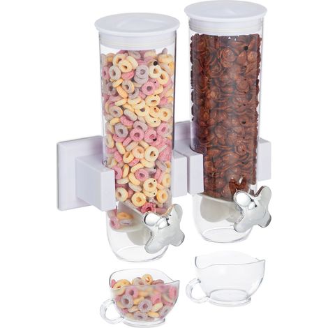 Relaxdays Dispenser Cereali Doppio, Montaggio a Parete, Distributore per Corn Flakes e Dolcetti, in Plastica, Bianco (1/5)