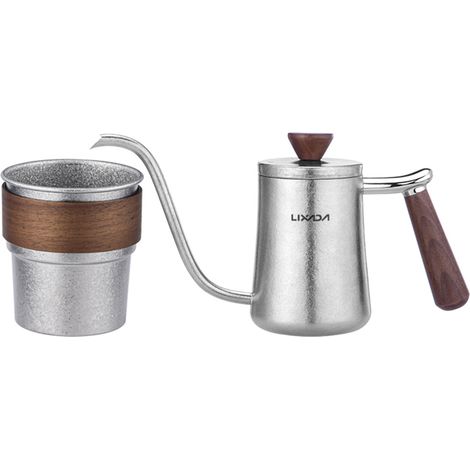Cafetière à col de cygne en titane pur 300ml avec tasse assortie, bec verseur précis, poignée bois, idéal pour voyage (1/4)