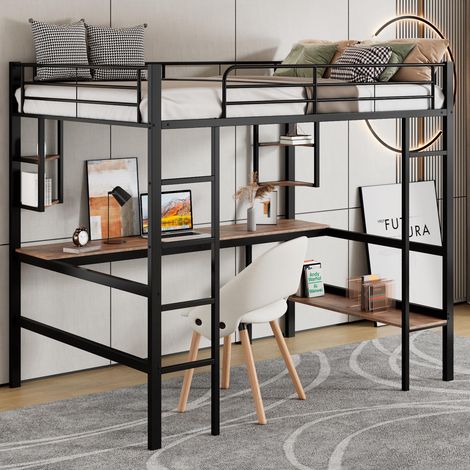 Cadre de lit en métal 90x200cm, lit mezzanine avec bureau intégré, quatre petites étagères et une grande bibliothèque pour enfants, adolescents et adultes, noir, garantie 2 ans