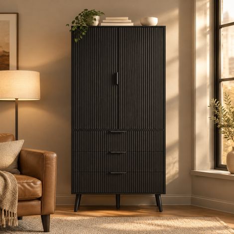 Armadio da cucina 75x35x180 cm in MDF nero, 2 ante e 3 cassetti – MEUBLIV (1/5)