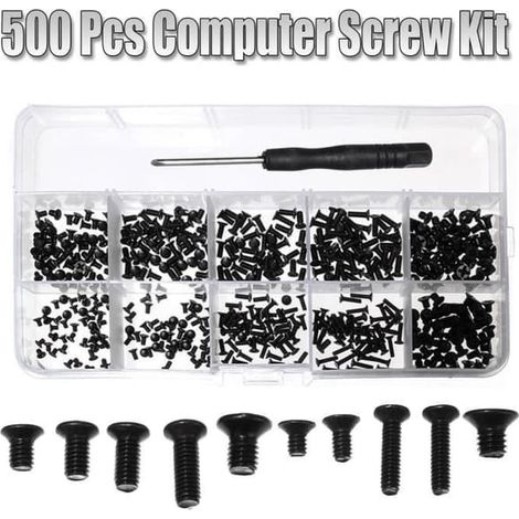 SABIR-(Argent) Boîte de 500 vis universelles en acier allié pour ordinateurs portables (IBM, HP, Sony, Dell, Lenovo, Samsung), avec tournevis. (1/3)