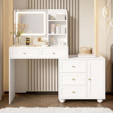VIYET - Coiffeuse Blanche LED 80×39,8×127cm – 5 Tiroirs - 1 Porte - 3 Étagères - Miroir HD - Rangement Cosplay (1/5)