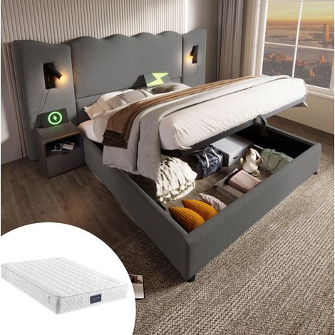 lit adulte coffre rangement 160x200 lampe USB lin gris OKMYHOME (1/5)
