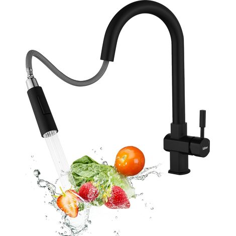Kitchen Faucet,High Pressure Kitchen Faucet With Pull Out Spray,360° Swivel,Double Spout Sink Mixer,Black Stainless Steel Kitchen Mixer Tap (1/5)