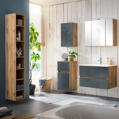 Badezimmer Set inklusive Waschbecken HEERLEN-03 in Wotaneiche Nb. mit Glasfronten grau, B/H/T: ca. 140/200/47 cm (1/5)