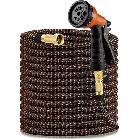 Tuyau d'arrosage Extensible 8m/15ft, Tuyau d'arrosage Rétractable,Tuyau d'Arrosage Flexible en Latex Tuyau d'arrosage Extensible Orange+Noir Extensible Rétractable avec 8 Fonction Pistolet