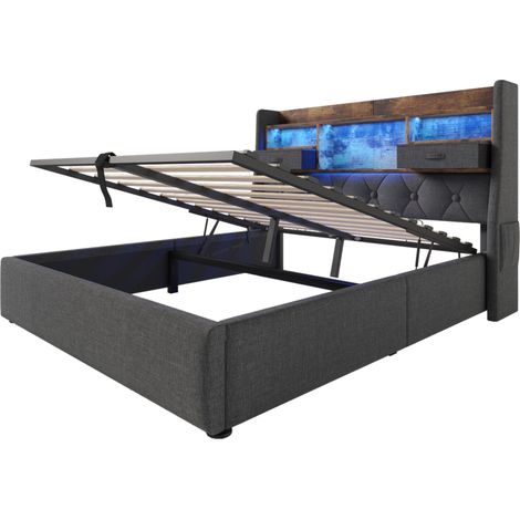 Cama doble 160 x 200 cm con almacenaje hidráulico, LED y puertos USB Type-C, tela gris MODENUIT (1/5)