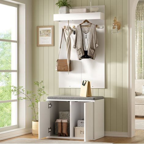 3-in-1 Garderobe mit 4 Haken, Schuhschrank mit 2 Türen und Bank, Weiß, 60 x 35 x 145 cm (1/5)