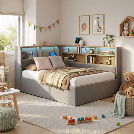 Cama tapizada con almacenaje hidráulico (225x110x90 cm), con LED y USB, terciopelo gris (1/5)