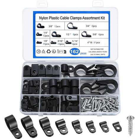 162 Pièces Clips Cable de Type R, Fixation Câble électrique avec Vis - Noir Clips de Gestion de Câbles, R-Type Attache de Câble Nylon Plastique, pour Câbles électriques, Serre-fils, avec Vis (1/5)