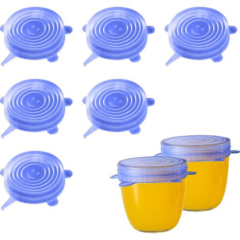 6 Pièces Bleu Rond Couvercle Silicone Alimentaire Extensible Réutilisable Couvercle Silicone Extensible Universel Sans BPA Couvercles en Silicone Pour Micro Ondes Four, Le Four, Vaisselle (1/3)