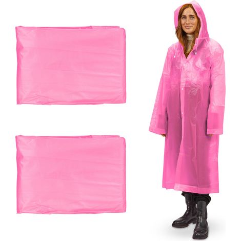 Relaxdays Regenmantel 2er Set, mit Kapuze, Regenponcho wiederverwendbar, Damen & Herren, wasserdicht, lang, leicht, pink (1/5)
