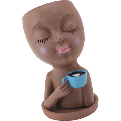 Petit cache-pot visage en résine marron adorable design buvant café avec trou drainage pour plantes grasses cactus déco jardin intérieur extérieur avec soucoupe (1/5)