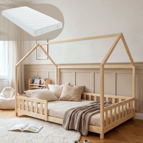 Hausbett Hesel mit Matratze und Rausfallschutz 120x200 cm Natur [en.casa] (1/5)
