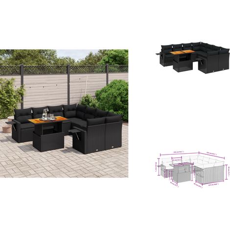 Salon de jardin 9 pcs avec coussins noir résine tressée - Ensemble Salon De Jardin - Meuble Extérieur - Résine Tressée - Rotin Synthétique - Table Extensible (1/3)