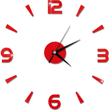 Jeffergarden Autocollant d'horloge murale 1mm, miroir en acrylique, décor de montre, décoration murale moderne pour maison, bureau, salle (rouge)