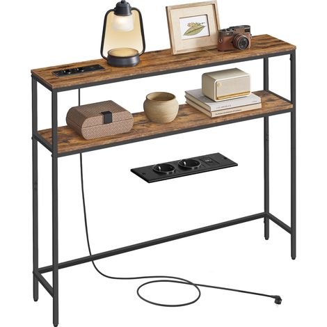 Vasagle – Table console étroite avec multiprise intégrée – 2 étagères – 20 x 100 x 80 cm – Panneau aggloméré et acier – Marron rustique et noir d'encre (1/5)