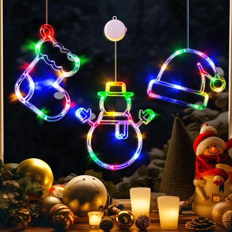 Christmas Window Lights, 3 Pack Multicoloured Stocking, Snowman, Santa Hat with Suction Cup, Timer Function and Slow Fade Mode Battery Operated Lights for Christmas Decoration New Year Eve (1/5)