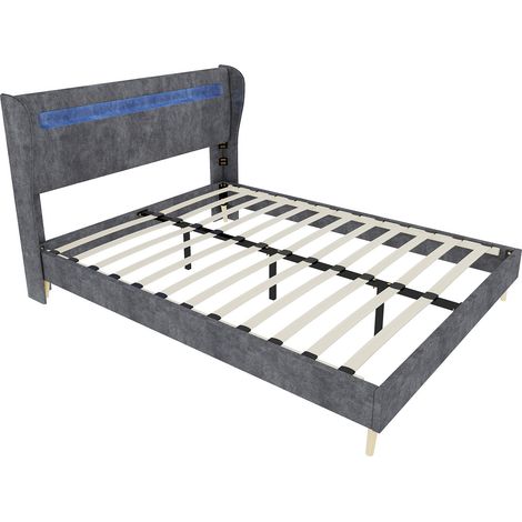 Gepolstertes Bett grau 140x200 cm mit LED-Kopfteil, Gestell aus Stoff und Metall (1/5)