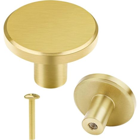Ensemble de 8 boutons de meuble en laiton brossé, boutons de tiroir de commode couleur or, pour armoires, placards, salles de bains et cuisines, 28 x 20 mm (rond) (1/5)