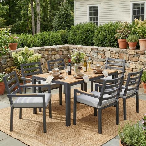 Ensemble repas jardin 6 personnes structure fer galvanisé plateau imitation bois plastique couleur gris