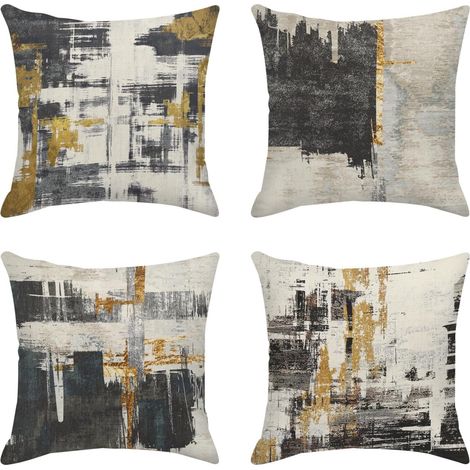 BEBUSINGOTO Juego de 4 fundas de almohada decorativas para el hogar, con estampado abstracto negro y dorado, de 45 x 45 cm, para sofá de exterior. (1/5)