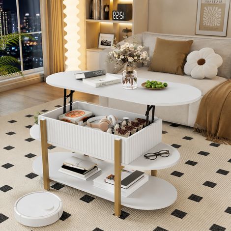 Table basse relevable blanc 106 cm, Table de salon avec coffre de rangement caché, Plateau hydraulique, Style moderne