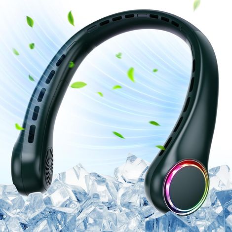 Ventilateur de cou - 4000 mAh - USB - Silencieux - 3 vitesses - Lumière LED - Portable - Pour le camping, les voyages, le sport - Vert foncé