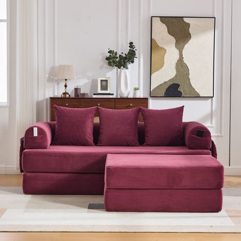 Canapé en velours côtelé avec pouf, structure métal, poche latérale et 3 coussins, bordeaux (1/5)