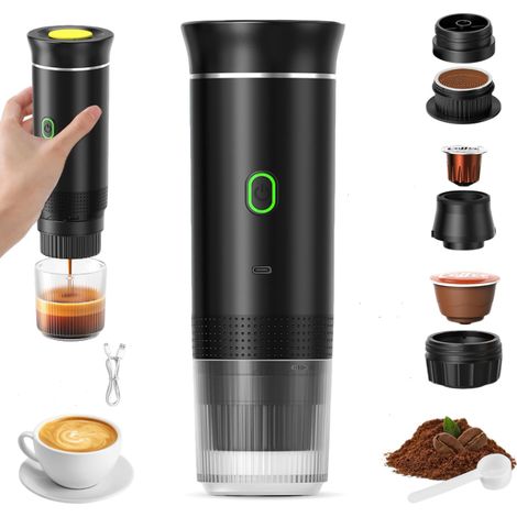 Machine à Café Portable de Voyage,Chauffage Rapide 3 En 1 Cafetiere Portable 12V, Auto-Chauffage de 4 à 6 Minutes, Grandes Capsules, Café Moulu, Pour Le Camping, Bureau, Maison, Voiture (Noir) (1/5)