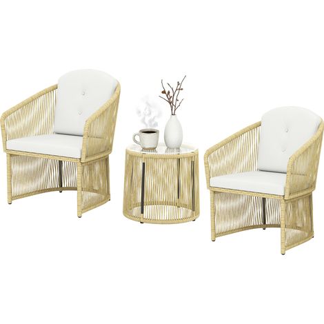 Salon de jardin extérieur en résine tressée 2 personnes, table de jardin extérieure avec 2 chaises avec coussins, crème (1/5)