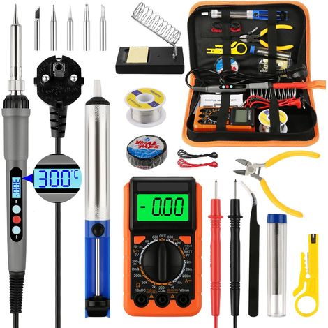 Lötkolben Set LCD Display Profi Lötkolben 60W Lötset Elektronik, Temperatur Einstellbar 180-500℃, 21 in 1 Lötset mit Digitalmultimeter, 5 Lötspitzen, Lötkolbenständer, Lötzinn, Entlötpumpe, Pinzette (1/5)