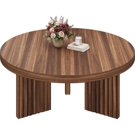 Table Basse Ronde 85 cm, Plateau Épais Effet Bois, Pieds Cannelés, Idéale Pour Salon Et Petits Espaces, Montage Facile Marron (1/5)